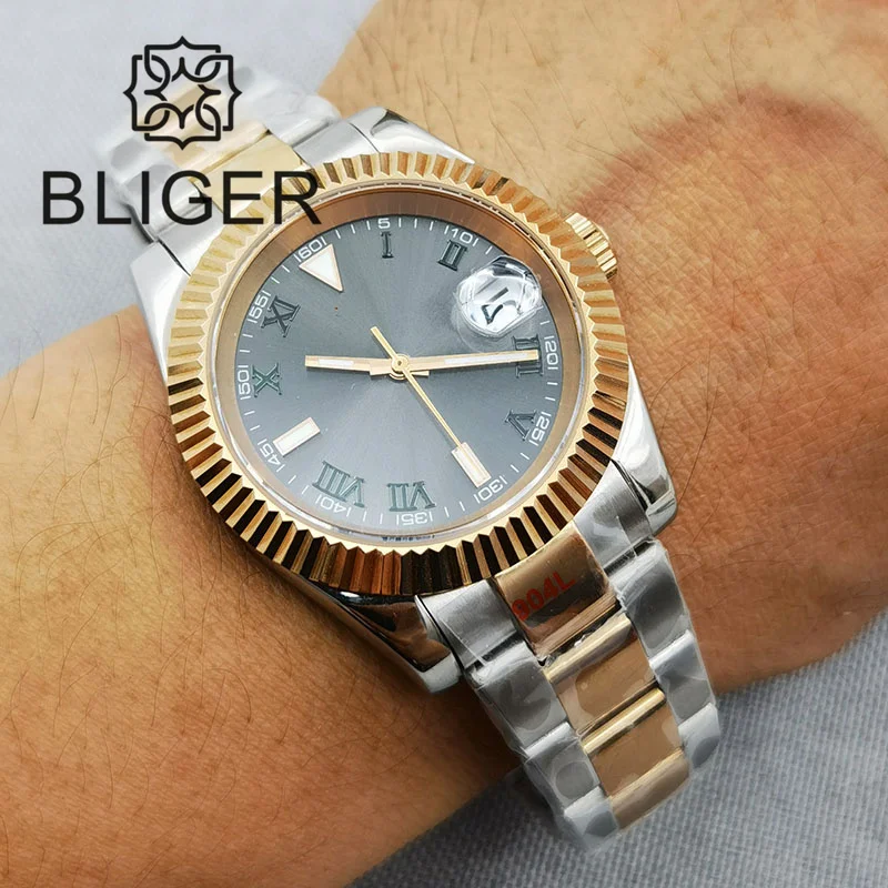 BLIGER 36mm/39mm NH35A Automatic Men Watch Two Tone Rose Gold Sapphire Glass Grey Dial Index Steel Strap Bracelet