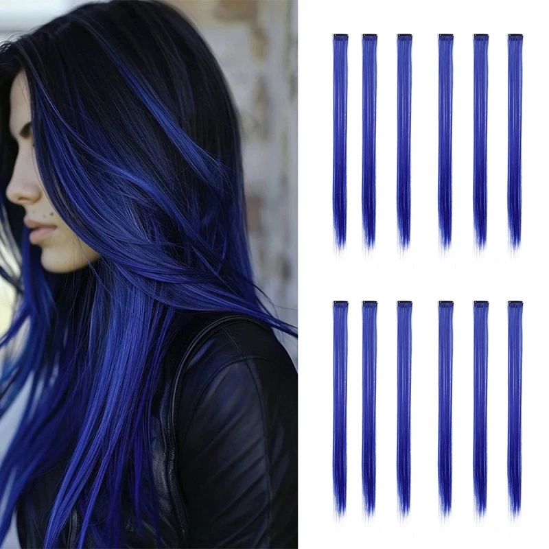 

12pcs/pack Colored Party Clip in Hair Extensions for Girls Multi-colors Straight Hair Synthetic Hairpieces Hair Accessories