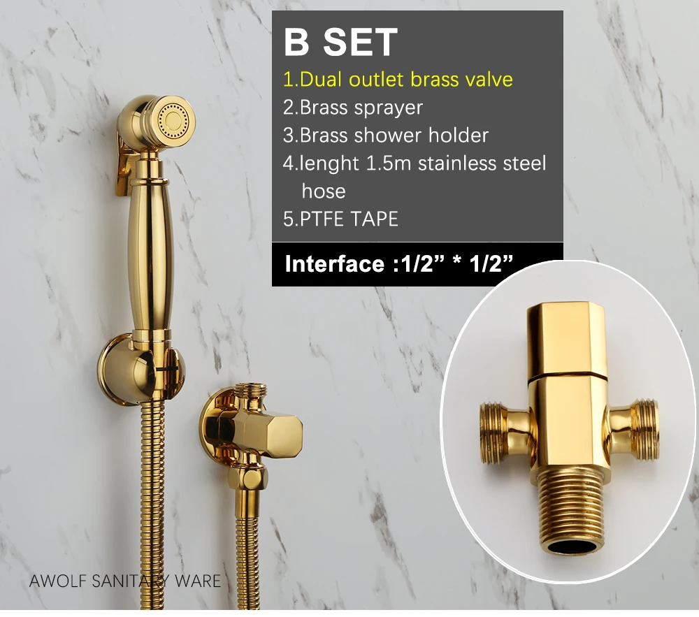 Awolf Titanium Gold Handheld Toilet Bidet Sprayer Solid Brass High Pressure Hygienic Shower Head Shattaf Set Bidet Faucet AP2107
