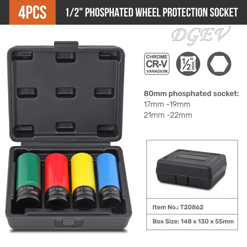 DGEV band zeshoekige dopsleutelset 1/2" aandrijving -17-22mm diepe muur slagdop voor bandenbescherming/autoreparatie wielset