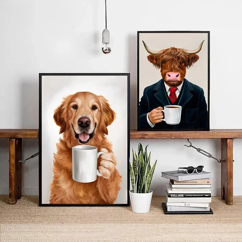 1pc frameless Canvas Painting Funny Wall Art Pictures Animal Coffee Portrait Posters Canvas Print Art Sloth Pug Dog and Coffe