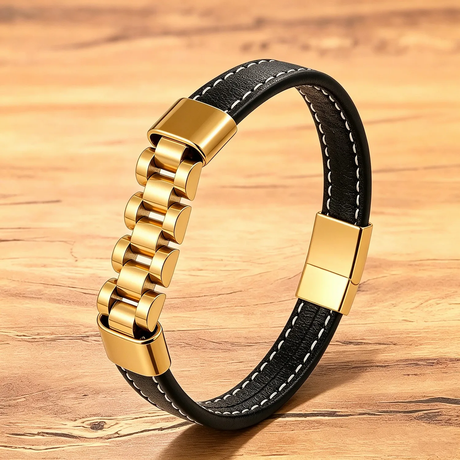 Men's Stainless Steel Bracelet, Gold Chain Link Wristband with Magnetic Clasp, Business Casual Minimalist Jewelry Gift for Him