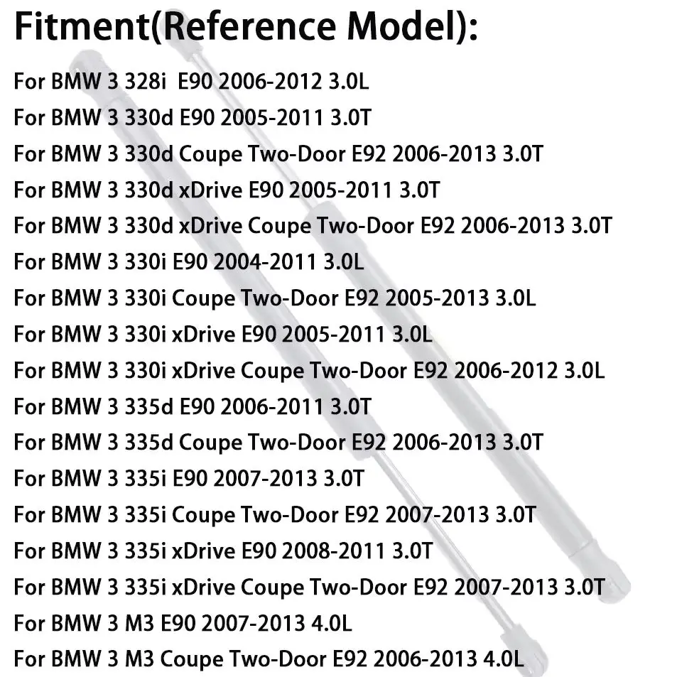 BMW 3 E90 E92 2004-2012용 리어 트렁크 가스 스프링 스트럿 2개 51247060623 51247250308 테일게이트 리프트 부트 바 액세서리