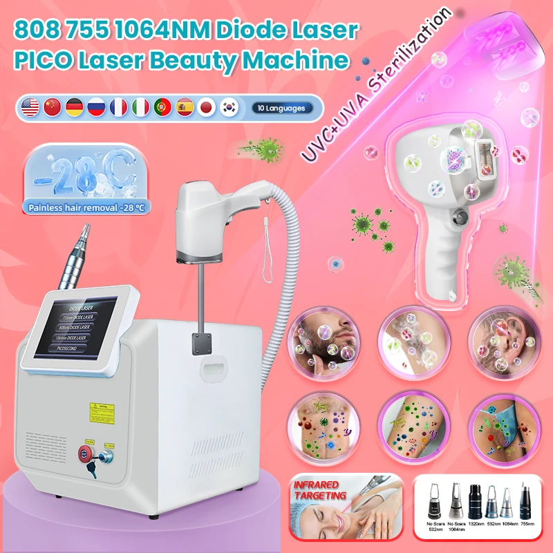 Diode Laser 755 808 1064nm Ice Titanium UV Automatic Sterilization Hair Removal Machine 4 probes 2in1 pico Laser tattoo removal