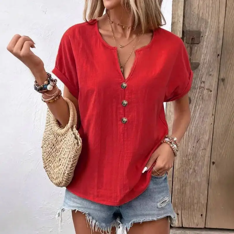 Nieuwe 2025 Vrouwen Shirts V-hals Knoppen Korte Mouw Losse Blouses Effen Kleur Casual Zomer T-shirt Dagelijkse Slijtage Tops Dames