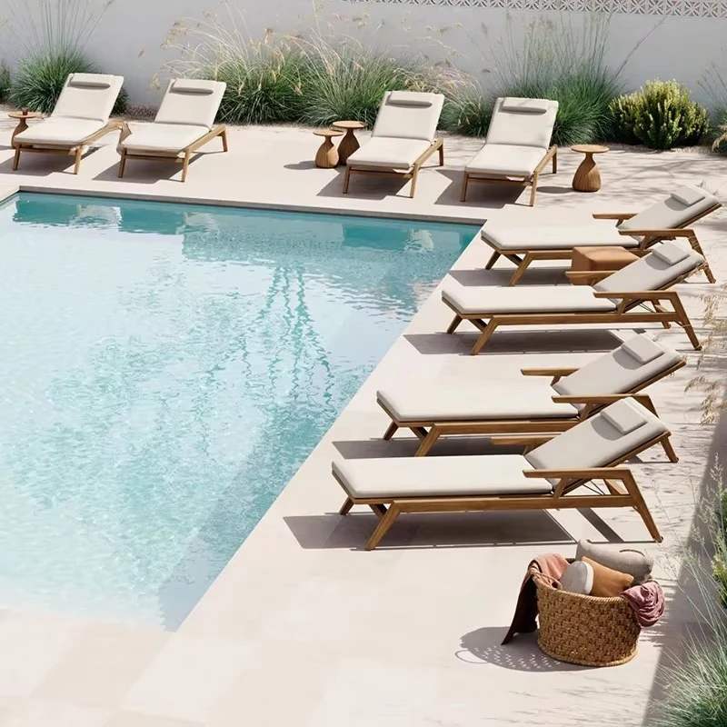 Hotel Luxury Lounge Chair Rope Furniture Swimming Pool Aluminium Wicker Teak Wood Sunbed Outdoor Beach Wooden Pool Chair