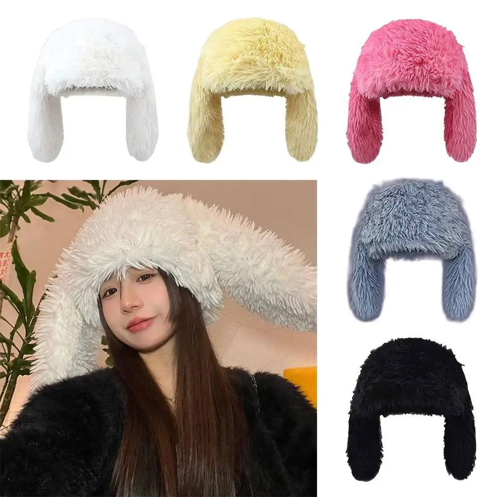 

Y2k Fashion Faux Fur Rabbit Ear Hat Ear Protection Sweet Balaclava Cap Rabbit Ear Plush Winter Hat Ski Activities