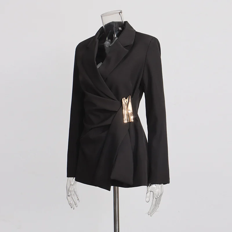 ZAMOR HIGH END Elegant Chic Design Blazer 2026 Spring New Asymmetric Knot Waist-Cinching Metal Button Decor Outerwear Women's