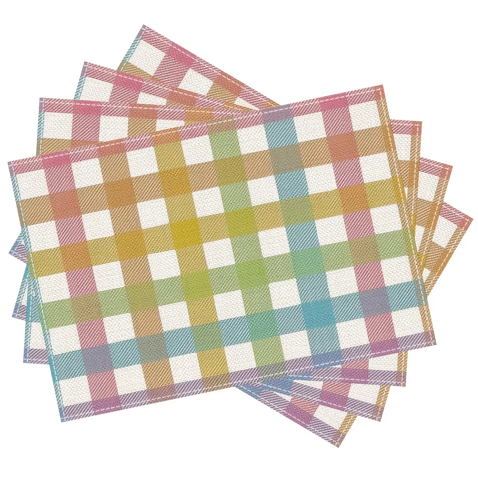 Of 4 Flat 2D Placemats in Blue, Pink, and Yellow Buffalo Plaid, Perfect for Easter Celebrations and Kitchen Dining Decor view 2