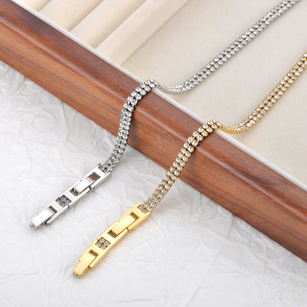 JeeMango Hochwertiges, glänzendes, kubisches Zirkonia-Armband mit 2/3 Reihen, für Damen, Edelstahl, exquisiter Hochzeitsschmuck JB24011 – Detail 6