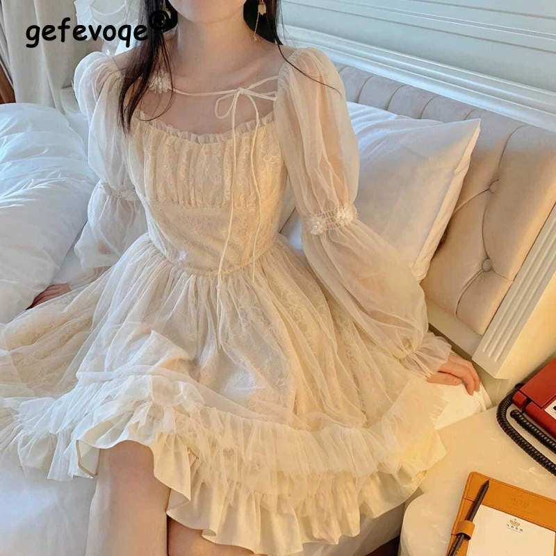 

Women's Clothing Vintage French Style Mesh Lace Lolita Fairy Elegant Party Dresses Square Collar Long Sleeve Mini Dress Vestidos