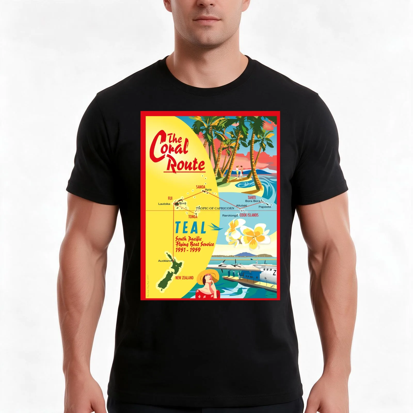 The Coral Route T-Shirt Summer Casual Cotton Tee Oversized Streetwear Tops Vintage Graphic Print Loose Fit Short Sleeve