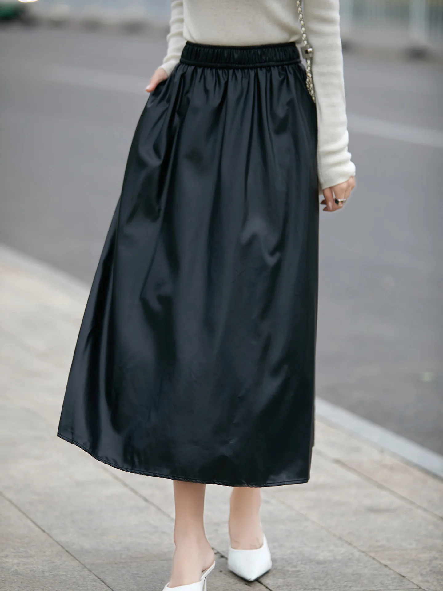 High Waist A-Line Leather Skirt Maxi Casual Versatile Fashionable Slimming Autumn Winter New Style Women's Half-length Skirt