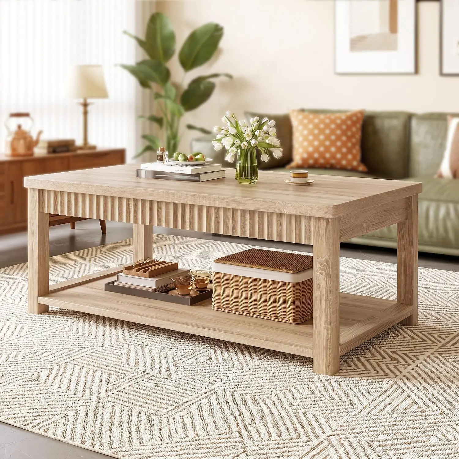 Fluted Coffee Table 2-Tier Storage Shelf Oak, Customized