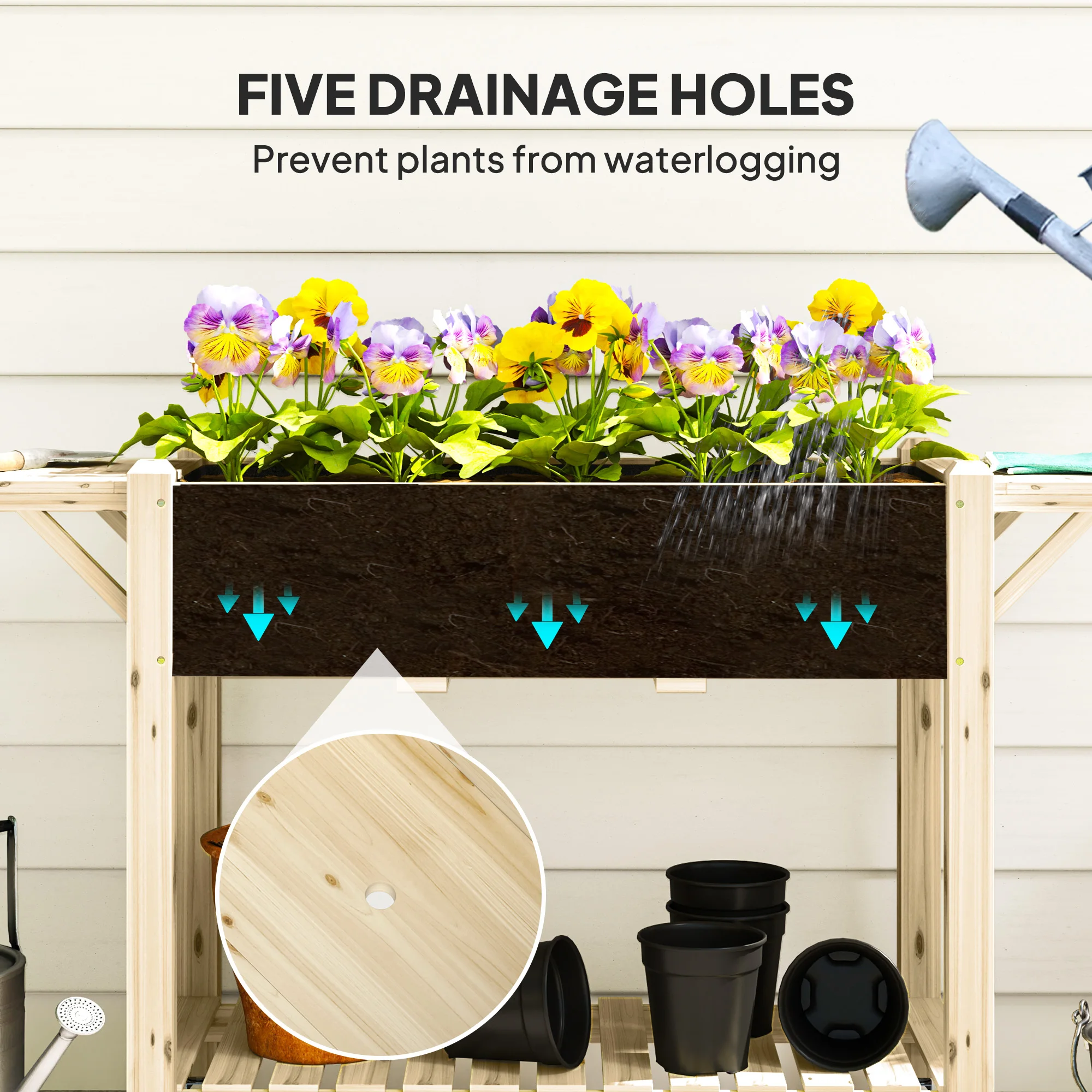 Wooden Raised Bed Planter with Lockable Wheels, Side Tables, Liner, Natural