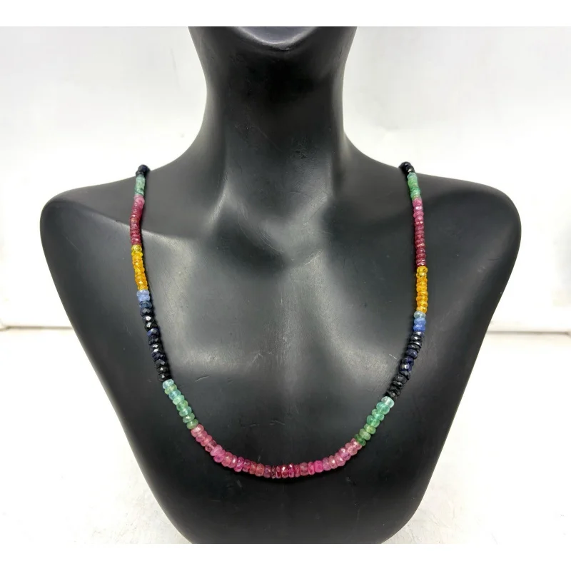 

Natural Multi Sapphire Necklace 20” Round Faceted 4–5mm Sterling Silver