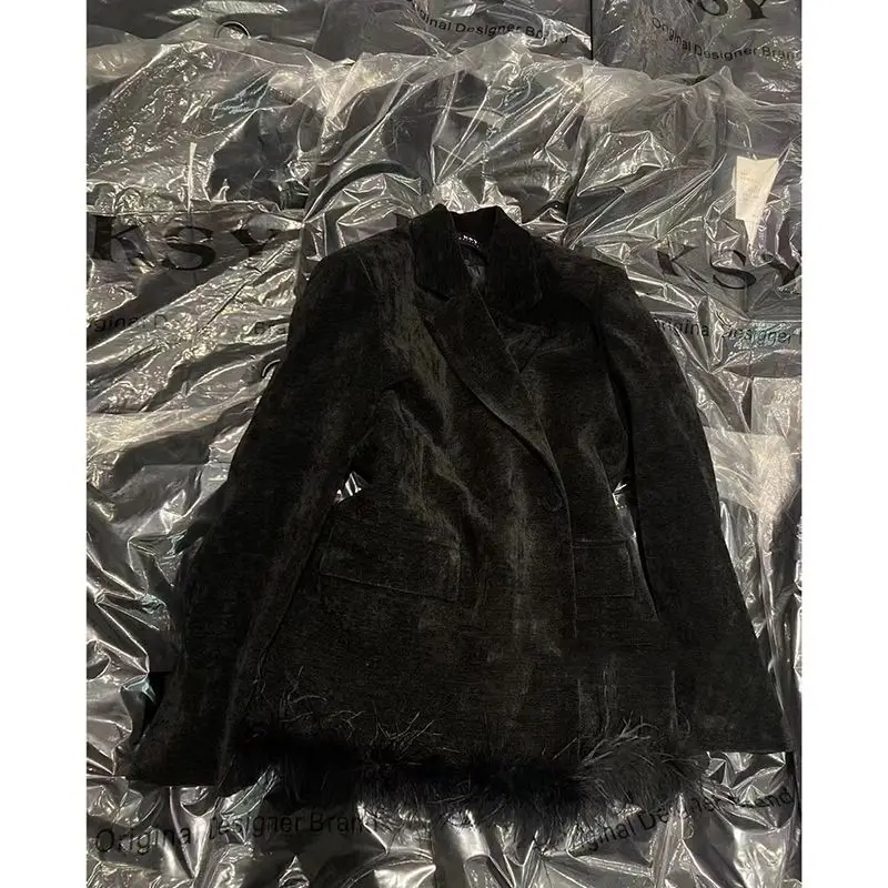 Zimowa, luksusowa, czarna, sztruksowa, ocieplana marynarka damska w stylu koreańskim, elegancki płaszcz z futrzanym wykończeniem, luźna kurtka garniturowa, odzież damska.