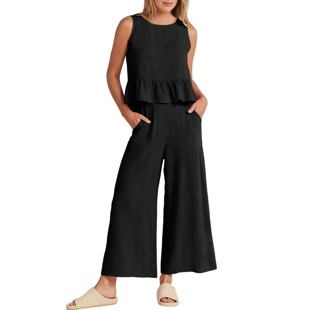 

2 Pcs/Set Stylish Summer Tank Top Pants Set Sleeveless Round Neck Top Trousers Set O Neck Lady Top Trousers Set