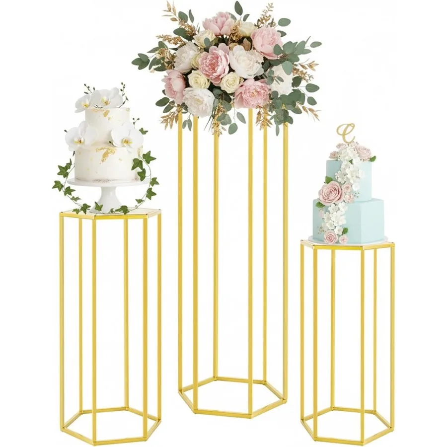 

Набор из 3 металлических подставок-цилиндров для декора стола, шестигранные вложенные подставки-пьедесталы, золотые подставки для тортов, цветов и растений
