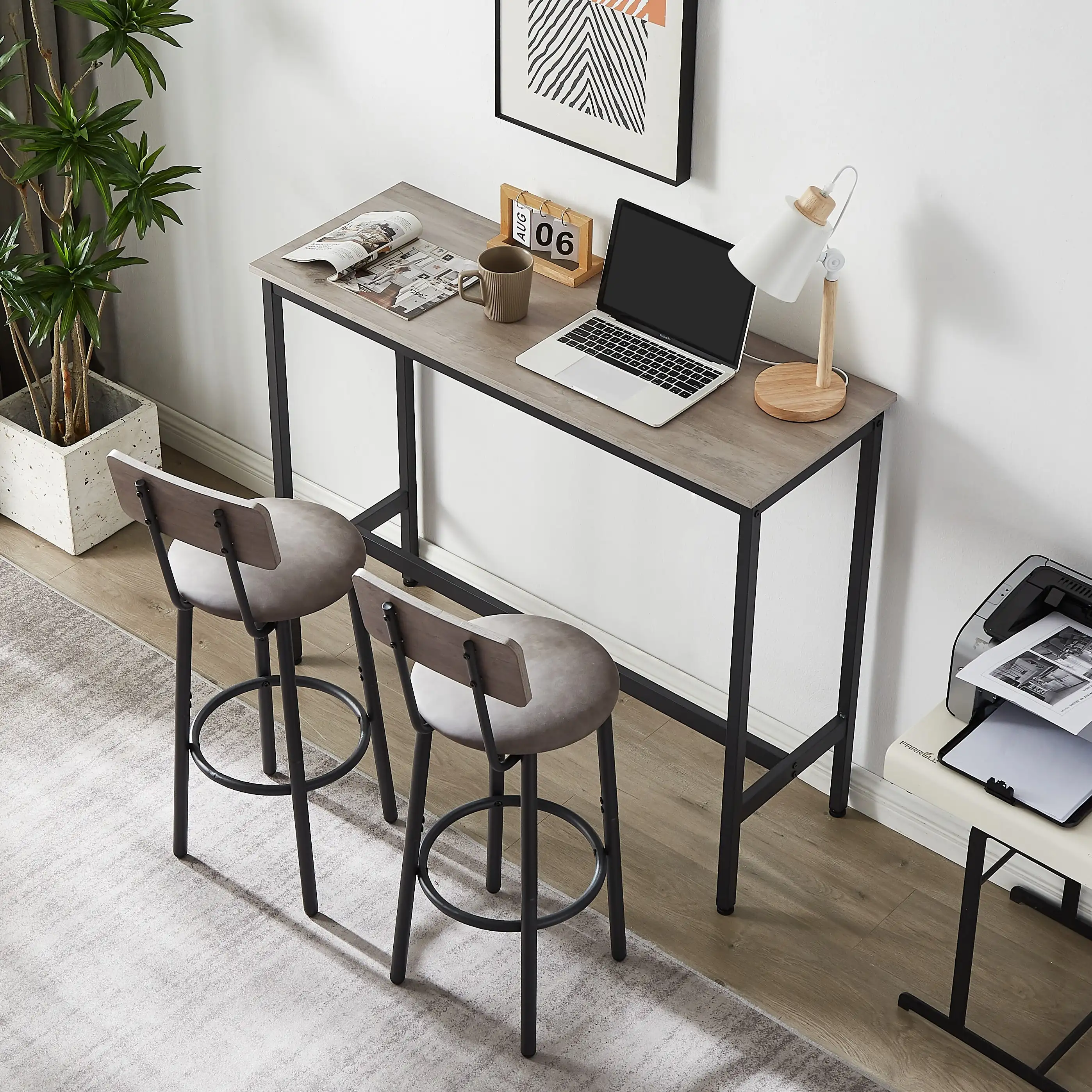 3-Piece Bar Table Set, Pub Dining Table & PU Upholstered Stools with Backrest for Kitchen Small Space, Gray