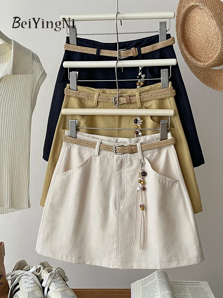 Beiyingni 2025 Summer Korean Women's Mini Skirt Belted Casual All-match Slim High Waist Short A-line Skirts Female Plain Faldas