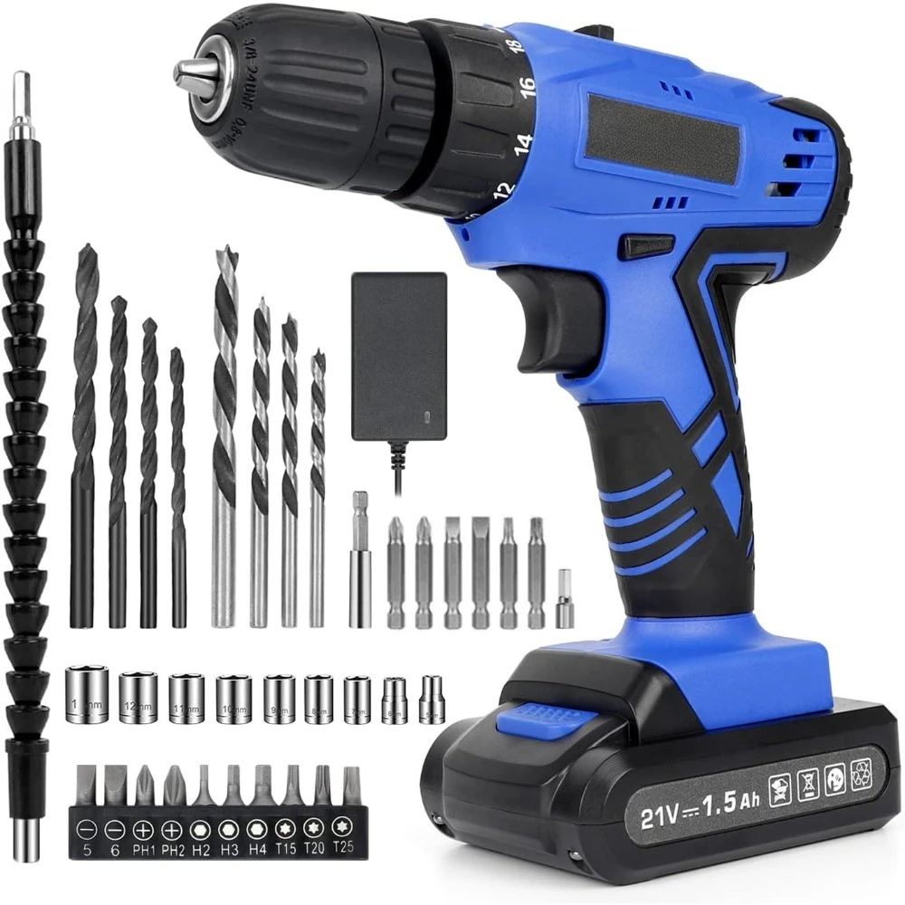 

21V Cordless Drill Driver Kit with 37PCS Drill Bits Battery Charger Electric Power Drill Set for Home Garden Office Repair