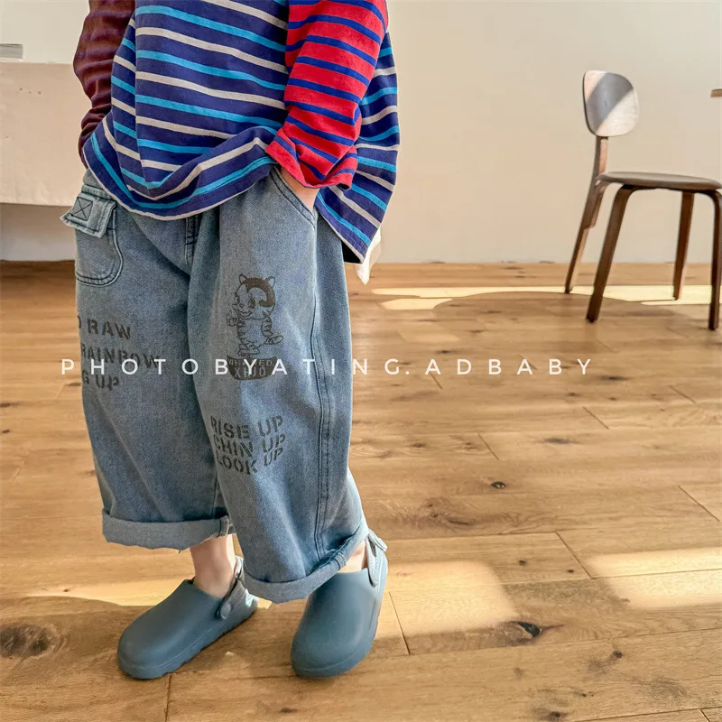 

Kid Pant 2024 Autumn Children Korean Style Autumn Children Cartoon Printed Jeans Boys and Girls Pants Fashion Harun Pants