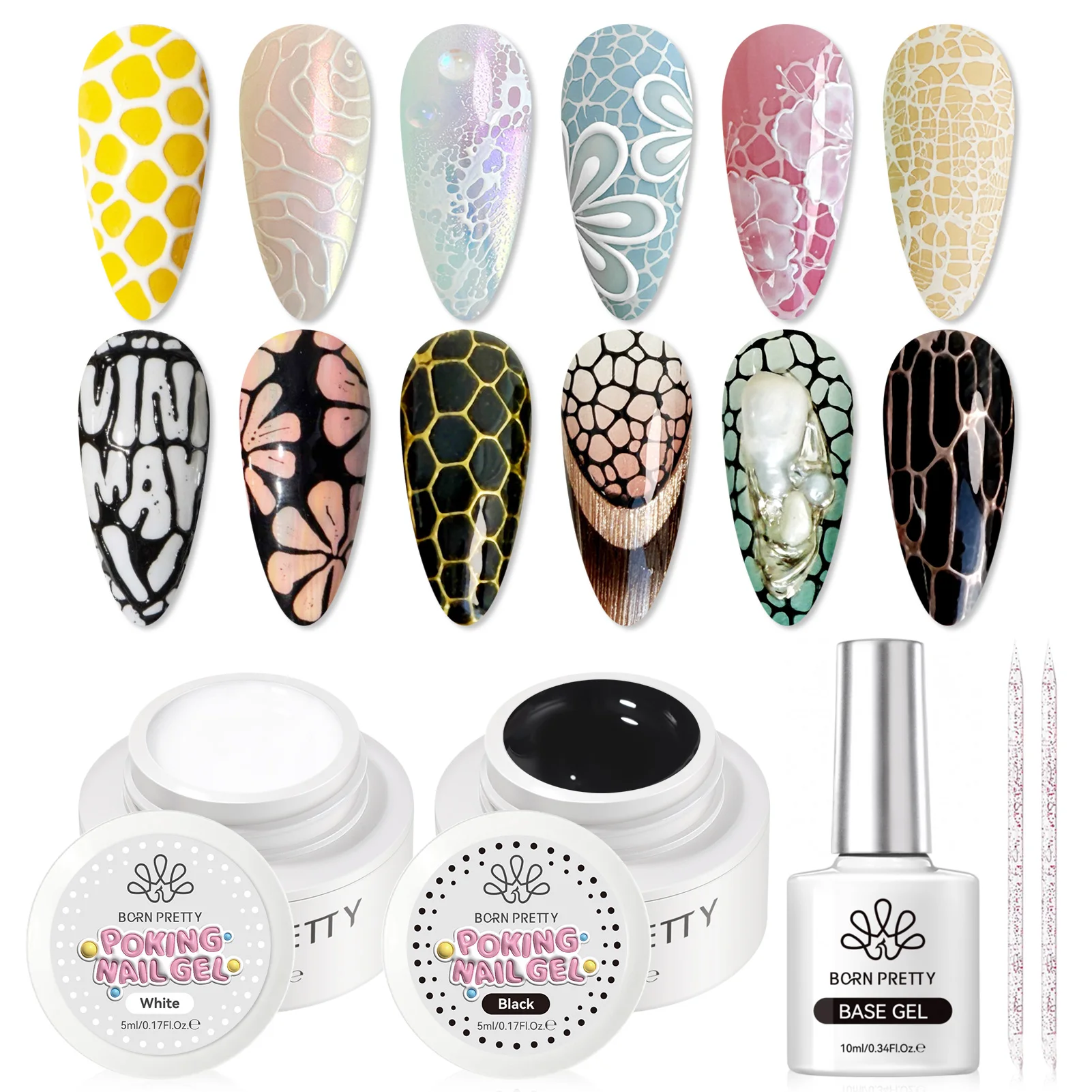 BORN PRETTY 5ml Nero Bianco Nail Poke Art Colla Gel Smalto per unghie Foro in pizzo Bolla Ocean Texture Onda Hollow Scolpire Nail Art