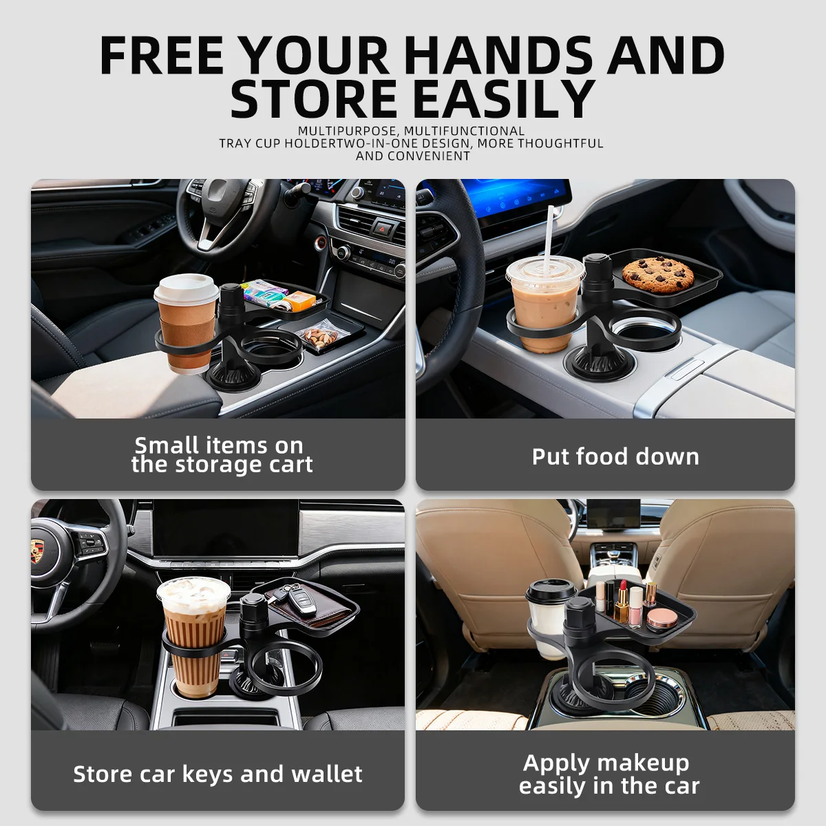 3in1 Detachable Car Cup Holder Tray-Expandable Food Table with 360° Rotating Design Sturdy Base for RV Long Trips Table Tray