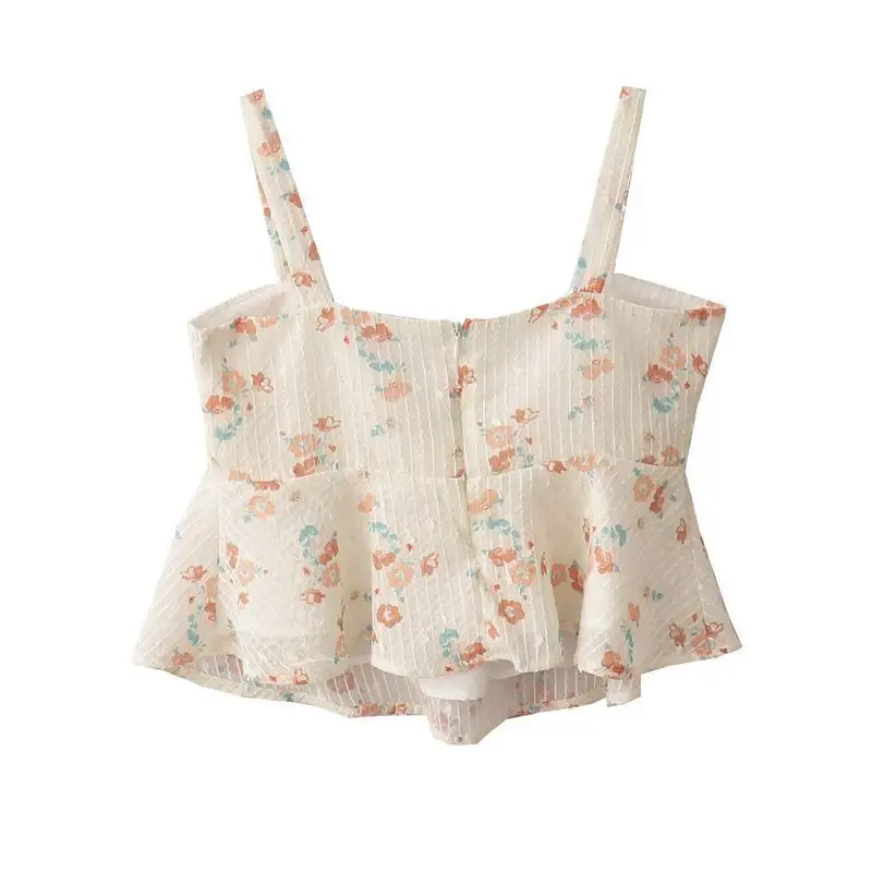 Summer White Flora Print Chiffon Camisole Spaghetti Strapless Short Tank Tops Camis For Women