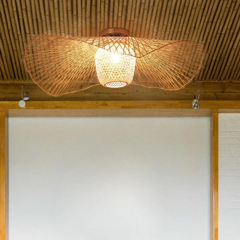 

New Chinese Bamboo Woven Straw Hat Restaurant Creative Homestay Hotel Indoor Home Decoration Chandelier