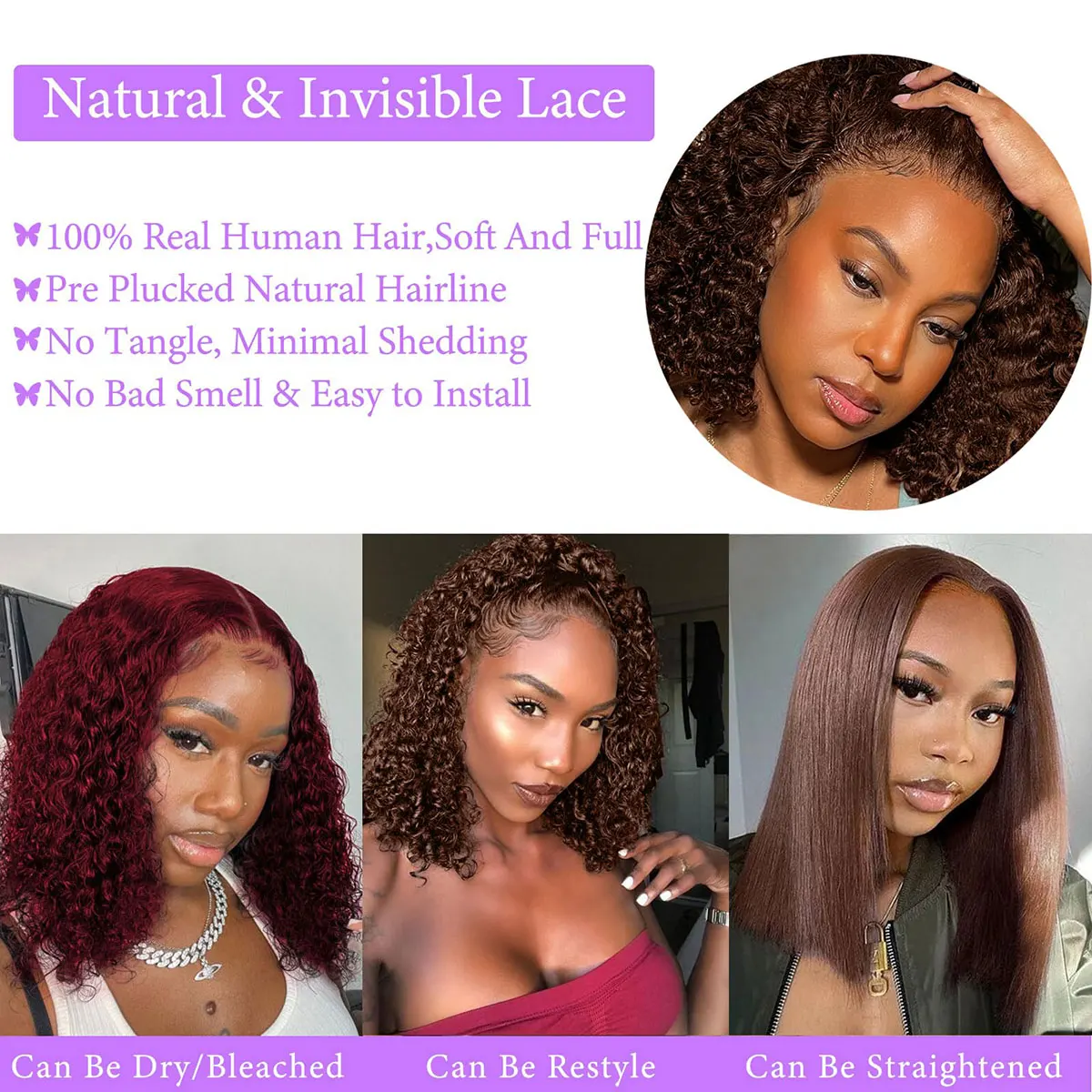 Super Double Drawn Brown 5by5 Closure Pixie Curly Wig Human Hair 13x4 Lace Front Deep Curly Bob Wig for Woman Glueless Wigs view 5