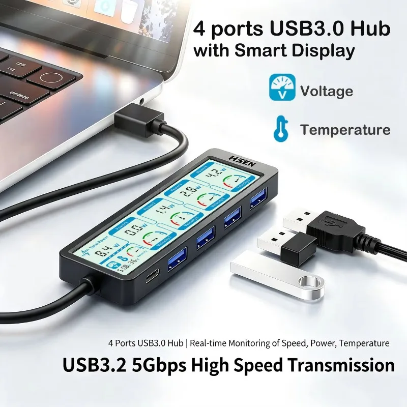 4 Port USB 3.0 Hub Real-time Digital Voltage Display USB Splitter Docking Station for MacBook Windows Laptop Notebook