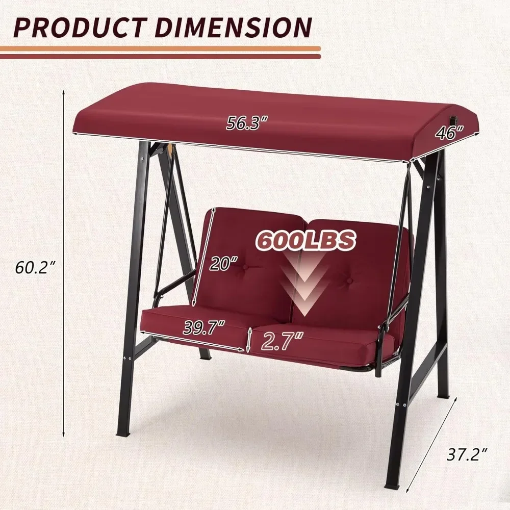 Outdoor Patio Swing Chair for Adults, 2-Seat Porch Swings with Adjustable Canopy, Outside Swing Bench with Removable Cushion
