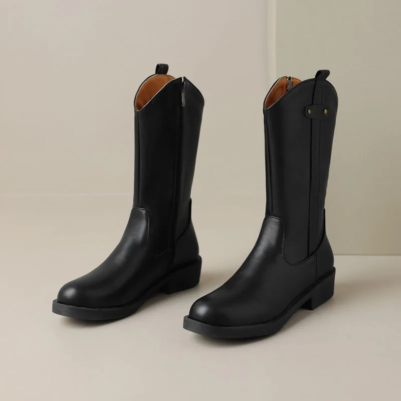 

Новые модные женские ботинки, зимние женские сапоги до середины икры на квадратном каблуке, женская обувь, ковбойские короткие сапоги в стиле вестерн, большие размеры WSH5428