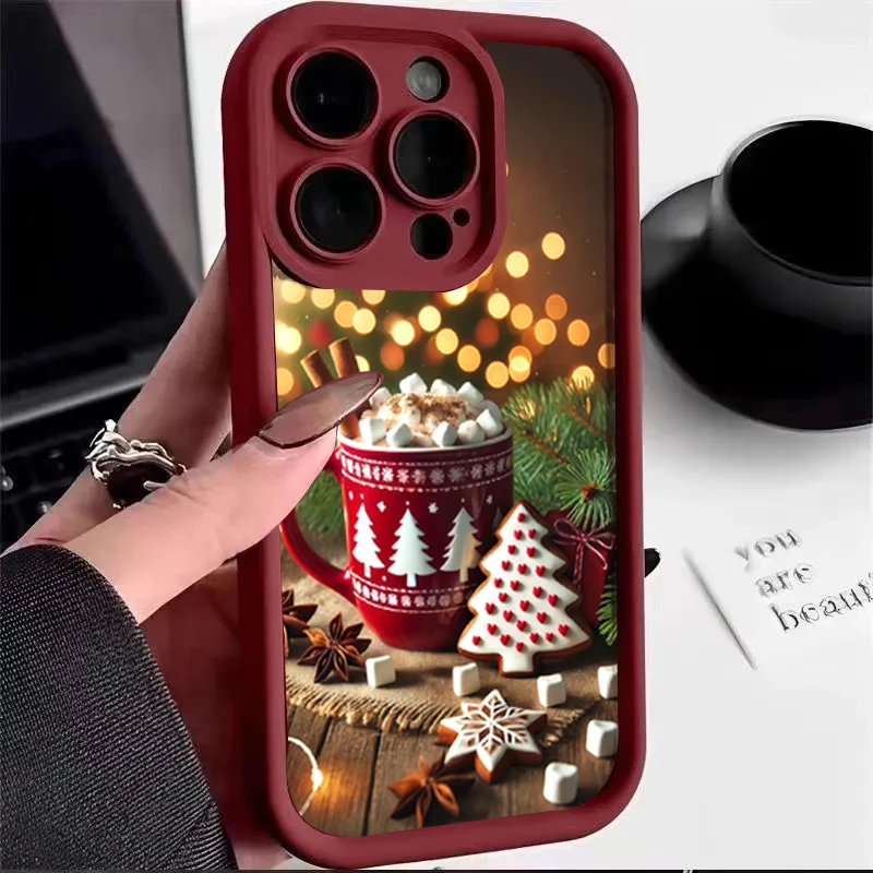 Бордовый зимний вогнутый мягкий чехол для телефона «Рождественская елка» для iPhone 17, 16, 15, 14, 13, 12, 11 Pro Max Air 7, 8 Plus X XR XS SE 16e Cover