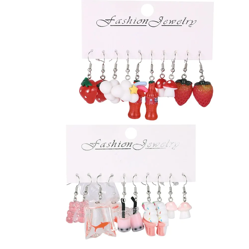 10Pcs Sweet Fruit Drink Daisy Drop Earring Set Cute Cartoon Food Ice Cream Donut Funny Resin Earrings Women Girls Jewelry