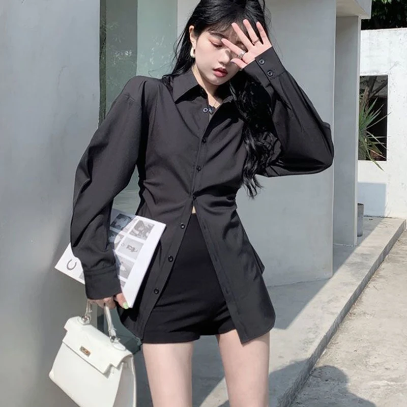 Rimocy 2024 Fashion White Slim Fit Shirt Women Turn Down Collar Elegant Long Sleeve Blouses Woman Pleated Button Up Shirts Top