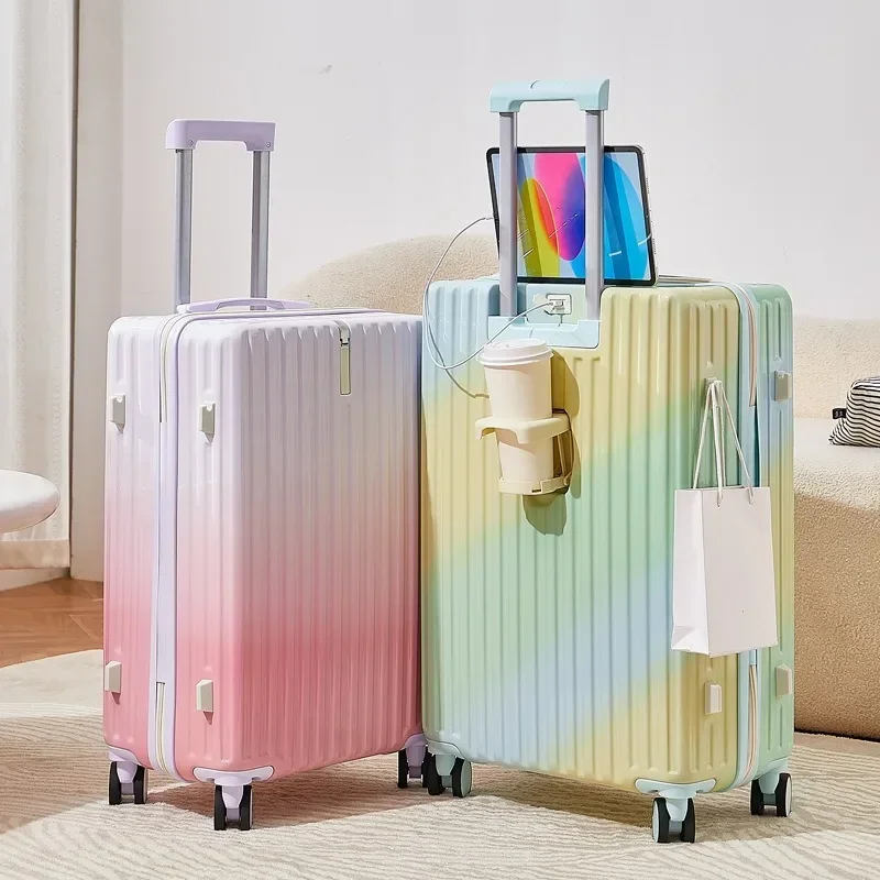 Gradient Color Suitcase with USB Charging Port,Cup Holder & Phone Stand - Durable ABS+PC Shell,Telescopic Handle,Rotating Wheels