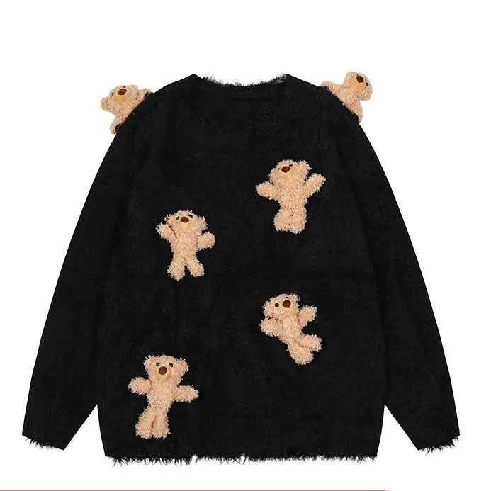 Gagarich Korean Fashion Fun 3D Teddy Bear Doll Round Neck Sweater Women 2024 New Loose Fitting Couple Versatile Lazy Knitted Top