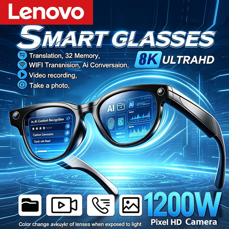 Lenovo 2026 AI Smart Glasses ChatGPT4.0 8KHD Color Changing 1200MP Translate Camera Bluetooth Call Voice Assistant Music Control