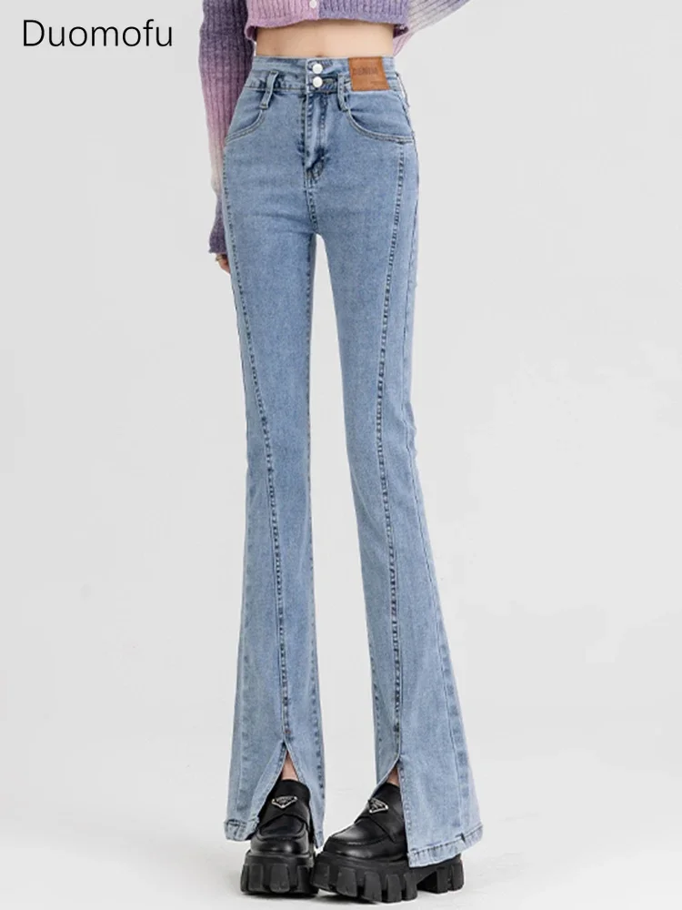 

Duomofu New Light Blue Chic Flare Classic Split Women Jeans Summer High Waist Slim Fashion Zipper Button Distressed Female Jeans