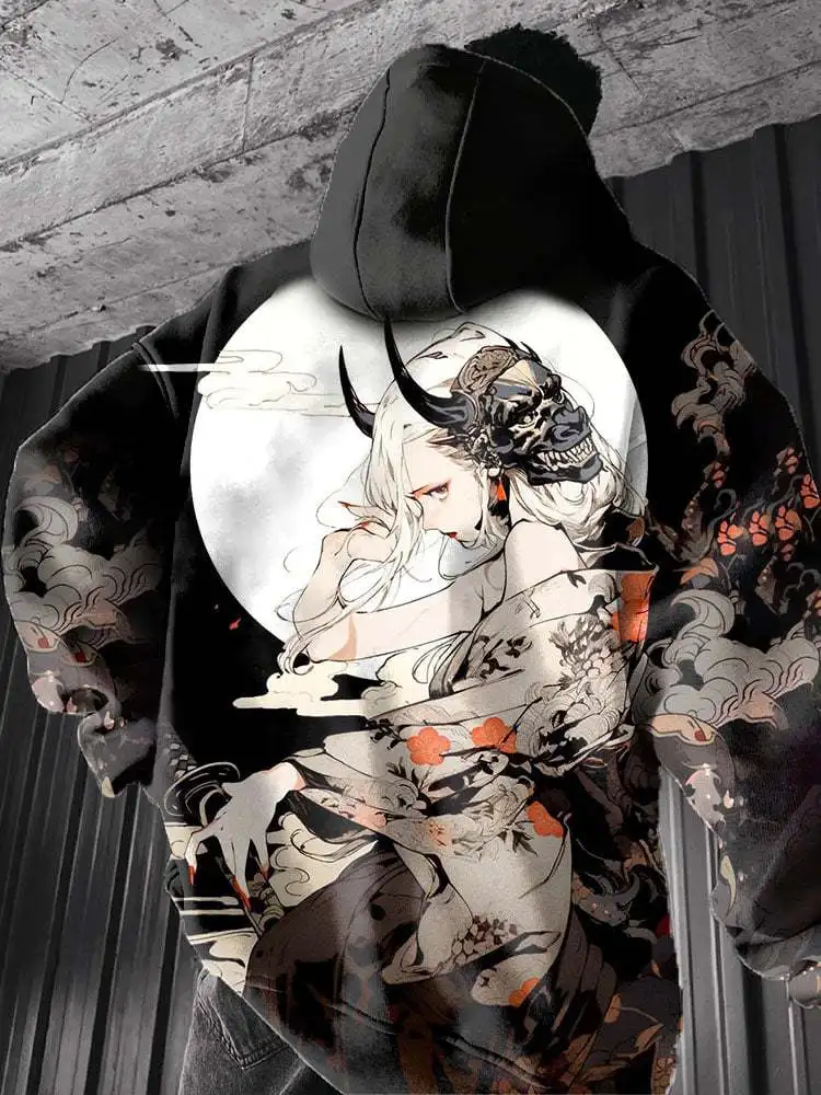 النمط الياباني الساموراي ثلاثية الأبعاد طباعة هوديس الرجال النساء موضة مثير هوديي البلوز معطف النساء تعرق النساء الملابس المتضخم جديد