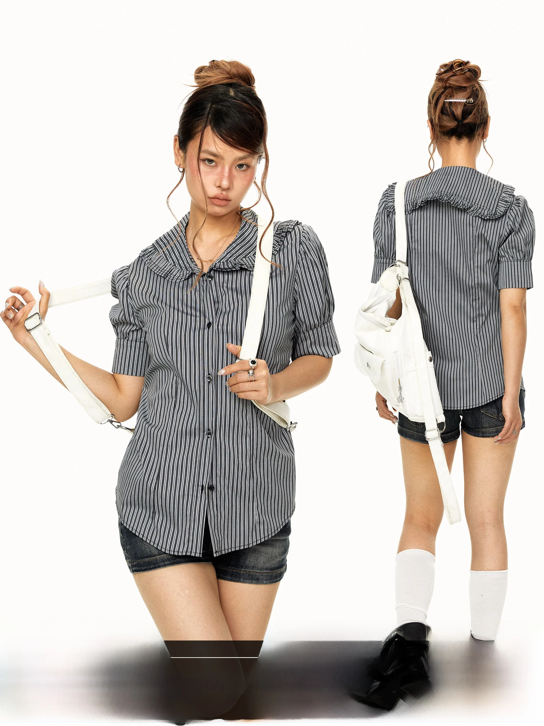 Retro Striped Bubble Sleeve T-Shirt Women's Korean Style Pleated Doll Collar Waist Cinching Slimming Open Cardigan Top