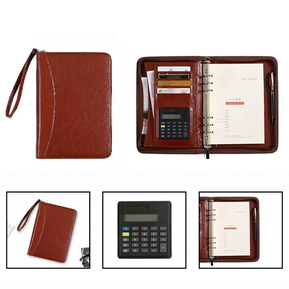 Portable File Folder PU Leather 6-Ring Work Record Book Card Holder Zippered Closure Loose Leaf Notebook Conference Use