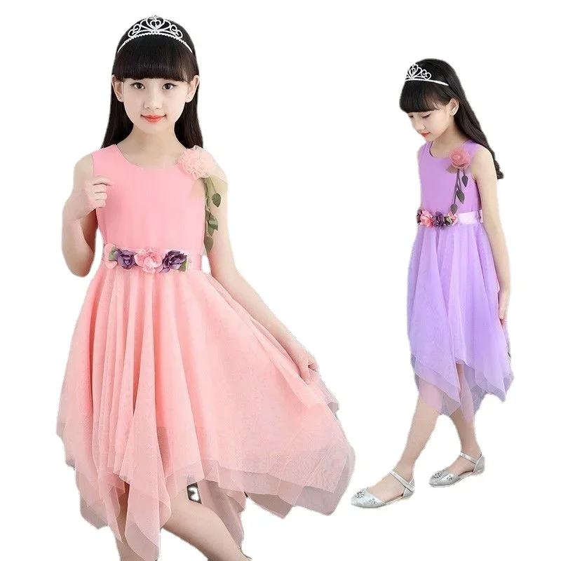 Summer Girls Dress Party Dresses Student Fashion Kids Casual Floral Irregular Teens Dress Parties Dress for Girls 5 Years Old 12