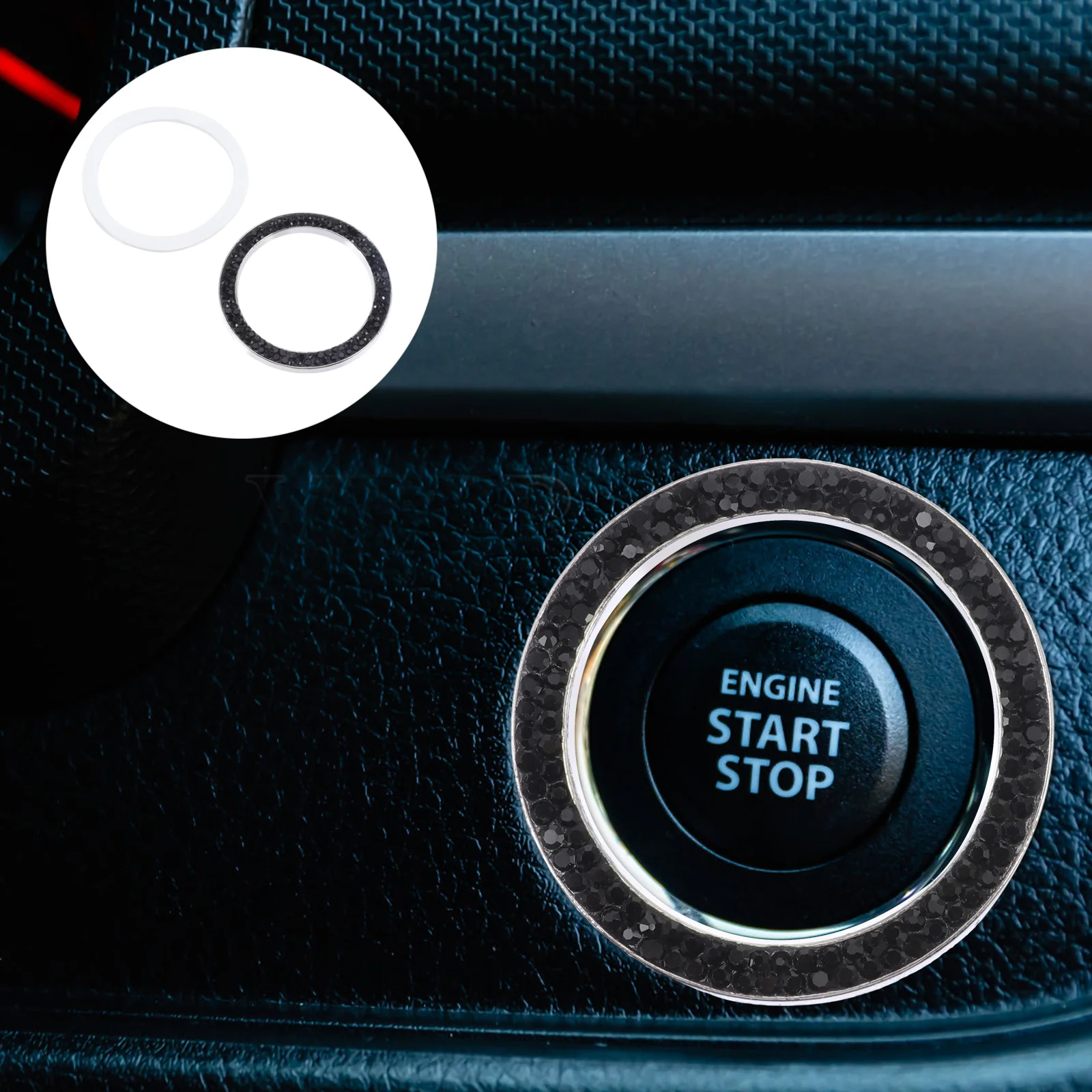 

2pcs Ignition Button Cover Push Start Engine Stop Bling Ring Zinc Alloy Adhesive Luxury Rhinestone Trim for Car Radio