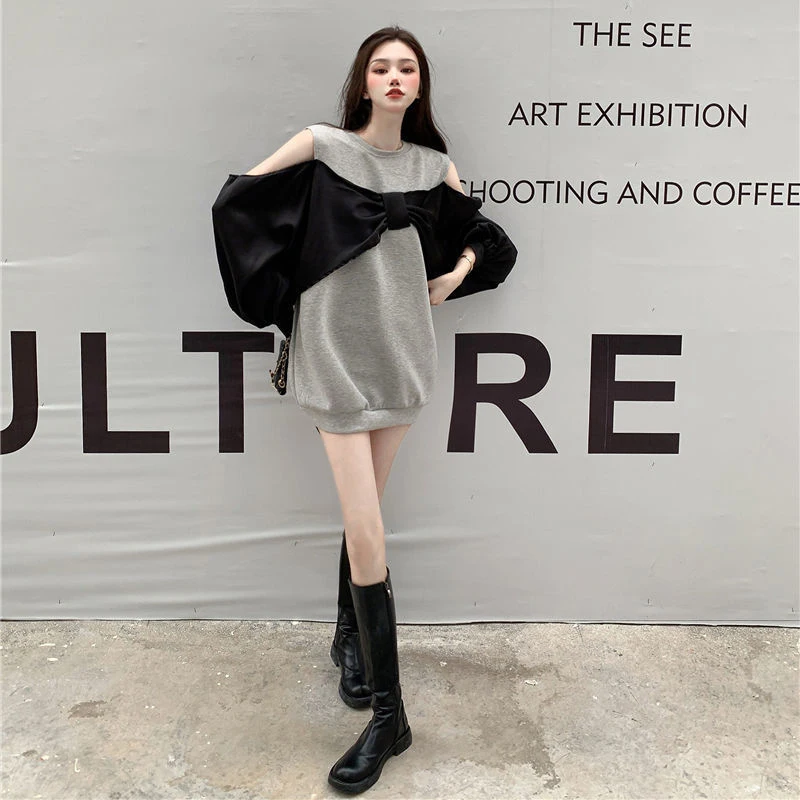 150kg Can Wear Bow Open Shoulder Fake Two Pieces Oversized 2xl 2022 Summer Long Sleeve Women T Shirt Korean Fashion Harajuku Top