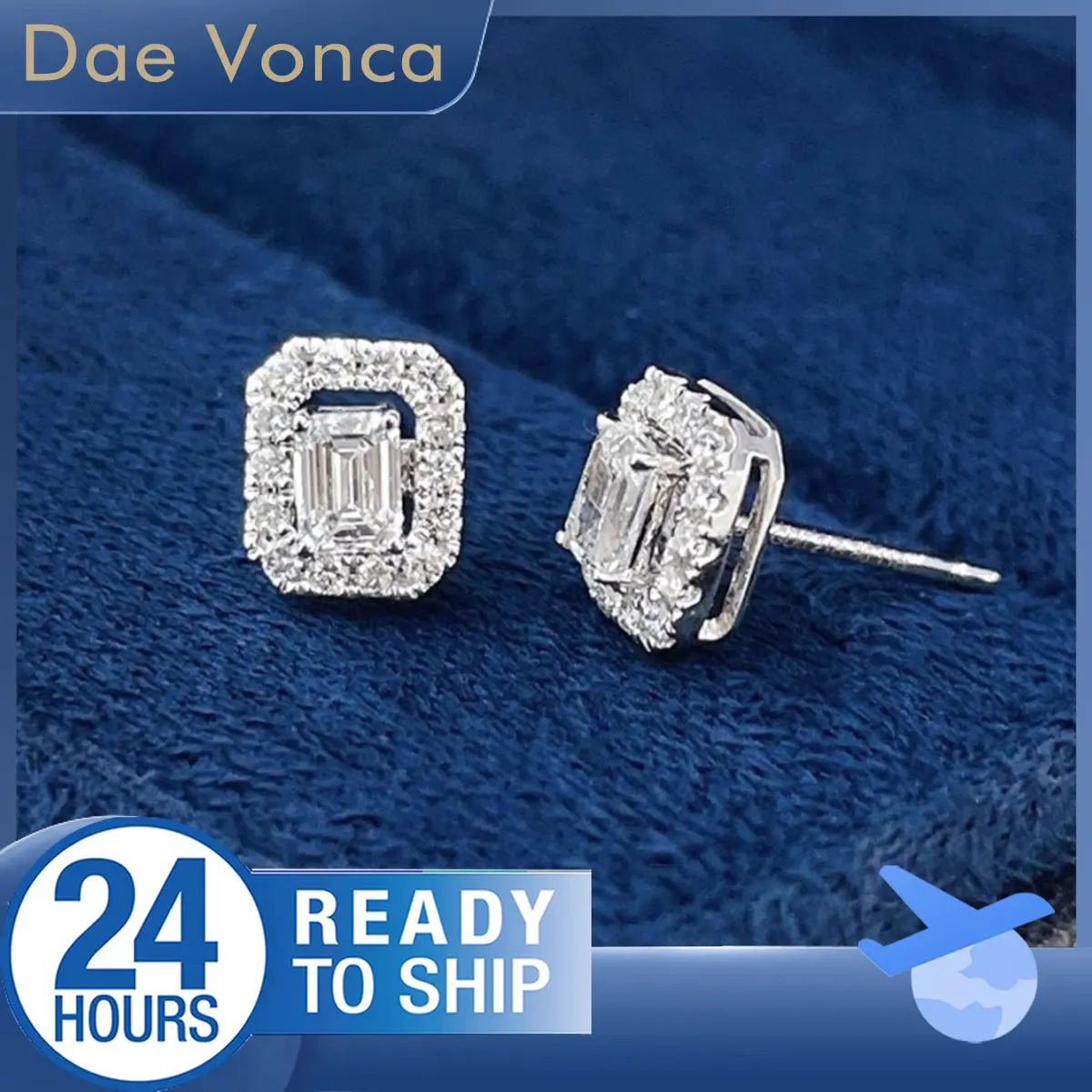 Emerald Cut Diamond Stud Earrings In 18K White Gold Convertible Diamond Earrings Total 0.54ct Lab Grown Diamond Halo Earring