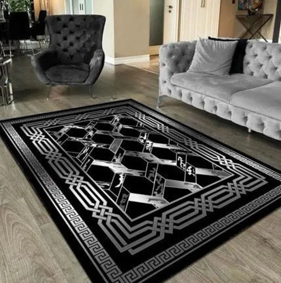 

Silver Striped Black Rug Silver Luxury Rug for Living Room and Bedroom Washable Rug Non Slip Rug, Leather Sole Rug Home Gift Rug